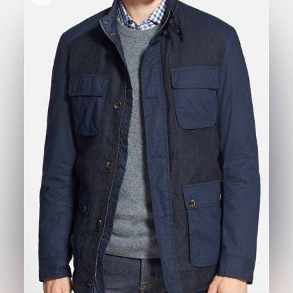 Ted Baker London Roslin Four-Pocket Coat Size 3 Check Panels Blue Medium